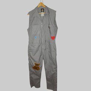 Dickies Gray Sleeveless Work Jumpsuit Heart Bear Flower Patches Irregular Medium